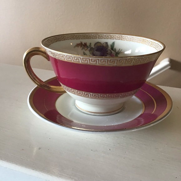 Vintage Fine Bone China Dark Pink Gold Floral Teacup & Saucer Set (Czech) - Picture 3 of 7